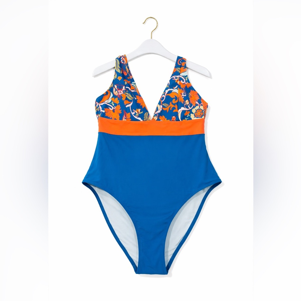 Floral Color Block One Piece Deep V Medium Spring Break Padded Bathing Swimsuit - Picture 8 of 8